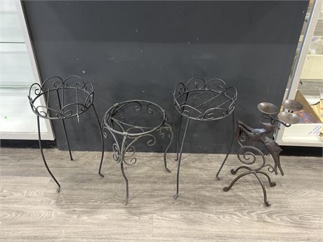 3 WROUGHT IRON PLANT STANDS + DEER CANDLE HOLDER - 20”-22” TALL