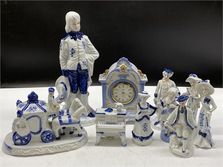 LOT OF BLUE & WHITE PORCELAIN FIGURINES (TALLEST IS 12”)