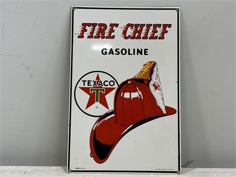 PORCELAIN ANDE ROONEY TEXACO FIRE CHIEF GAS PUMP SIGN (10.5”X16”)