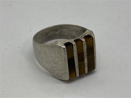 MENS 925 STERLING SILVER TIGERS EYE STONE RING
