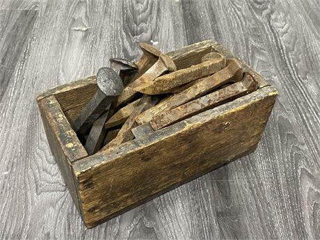 VINTAGE CRATE FULL OF RAILROAD SPIKES