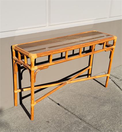 VINTAGE BAMBOO AND GLASS CONSOLE TABLE (38"tall 48"x14"length)