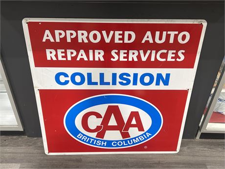 VINTAGE METAL DOUBLE SIDED CAA BRITISH COLUMBIA COLLISION REPAIR SIGN -3FT x 3FT
