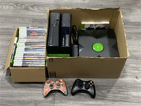 3 XBOX CONSOLES, WORKING CONTROLLERS + GAME