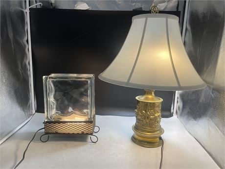 VINTAGE BRASS EMBOSSED LAMP 21” & VINTAGE GLASS BLOCK LSMP 11”