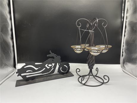 METAL STAND W/4 DISHES(15”tall) & METAL MOTORCYCLE ORNAMENT