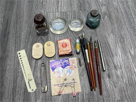 VINTAGE SEWING & KNITTING TOOLS, ANTIQUE INK WELLS & QUILL PENS