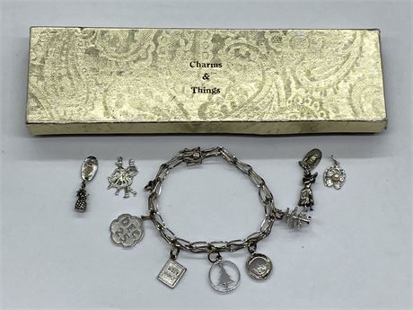 STERLING SILVER CHARM BRACELET (7.5”) W/EXTRA CHARMS & “CHARMS & THINGS BOX”