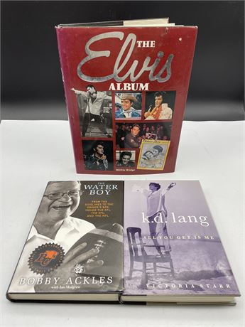 3 HARD COVER BOOKS - ELVIS, K.D LANG, & WATERBOY