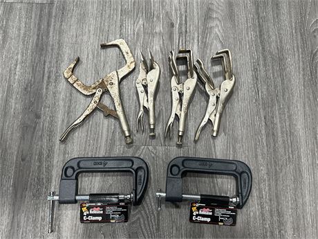 4 VISE GRIPS & 2 NEW C-CLAMPS 4”