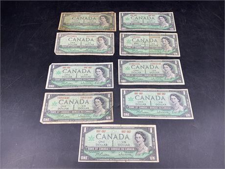 (9) CANADIAN $1 BILLS (1954 & 1967)