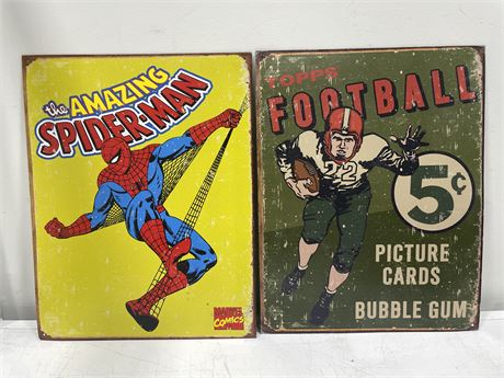 THE AMAZING SPIDER-MAN & TOPPS FOOTBALL PICTURE CARDS BUBBLEGUM METAL SIGNS