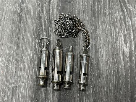 4 VINTAGE ENGLISH / CANADIAN SCOUTS WHISTLES