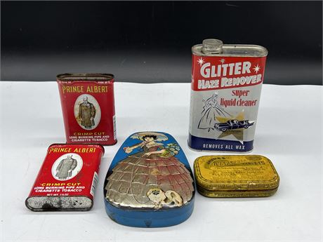 5 VINTAGE COLLECTABLE TINS - LARGEST IS 7”