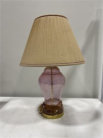 VINTAGE PINK GLASS LAMP W/ORIGINAL SHADE (27” tall)