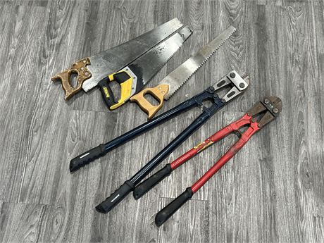 2 LARGE BOLT CUTTERS & 3 SAWS