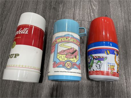 COLLECTABLE THERMOSES - WIZARD OF OZ, CAMPBELL SOUP, & TOY STORY 2