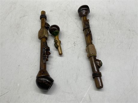 3 WOODEN WEED PIPES (2 WITH FUR ON THE HANDLE)