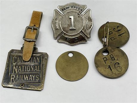 EARLY CNR TAG & FIRE DEPT BADGE & DOCK TAGS