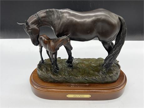 BRONZE SIGNED HORSE SCULPTURE “SECURITY” BY LINDA STEWART (13” wide, 11” tall)