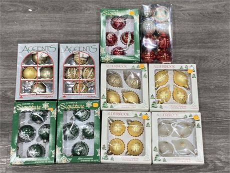 BOX OF 10 PACKAGES OF VINTAGE TREE ORNAMENTS