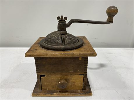 ANTIQUE WOOD / CAST IRON COFFEE GRINDER (6” wide)
