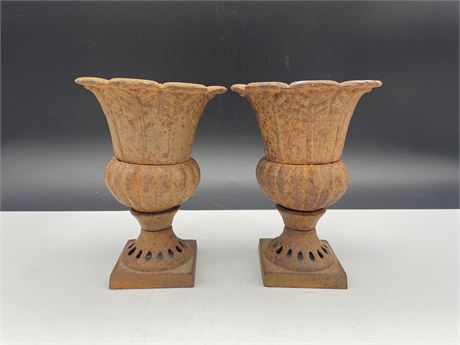 2 CAST IRON URN STYLE PLANTERS - 7” TALL
