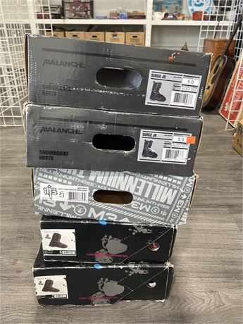 5 BRAND NEW PAIRS OF M3 / AVALANCHE / FUTURE SNOWBOARD BOOTS - SIZES 5-7