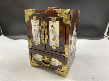 VINTAGE CHINESE JEWELRY BOX WITH HAND PAINTED PANELS - 9” x 6.5”
