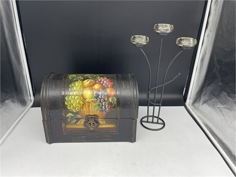 METAL CANDLE STAND W/GLASS HOLDERS & VINTAGE CHEST (13x9x8”)