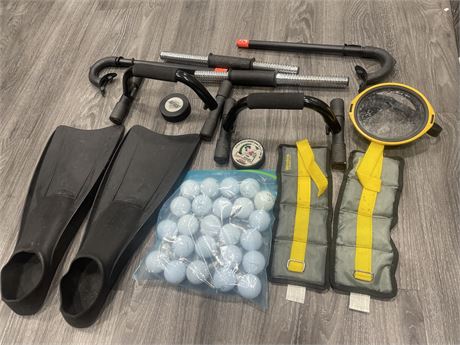 MISC SPORTING GOODS - ANKLE WEIGHTS, PUSH UP BARS, 24 GOLF BALLS, ETC