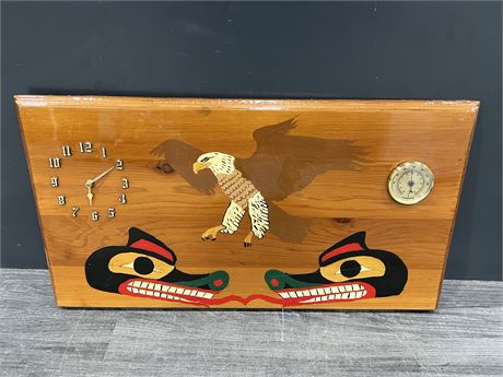 HAND MADE INDIGENOUS CLOCK / THERMOMETER (28”x15”)
