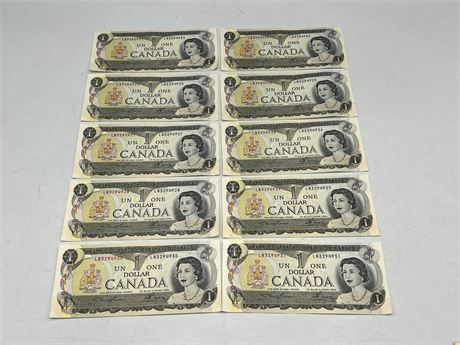 10 SEQUENTIAL CANADIAN 1973 $1 BILLS - LN3294924-33