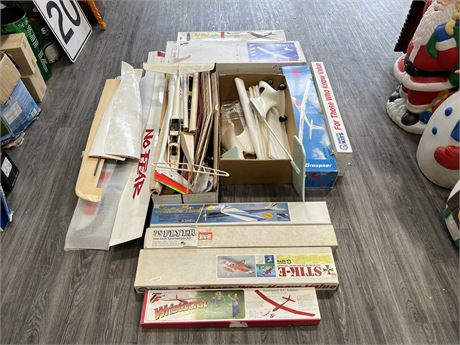 VERY LARGE LOT OF VINTAGE PARTIALLY BUILT RC KITS, NEW BALSA WOOD, PARTS & ECT