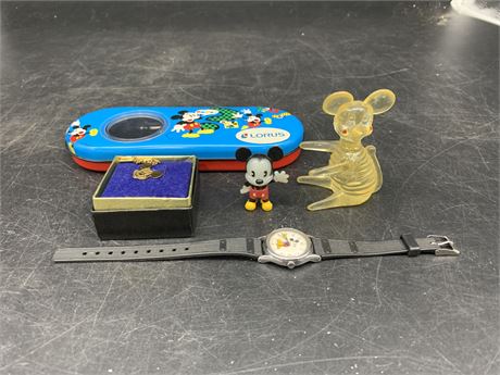 MICKEY MOUSE LORUS WATCH IN TIN CASE, G.P STERLING TIE PIN & 2 COLLECTABLES