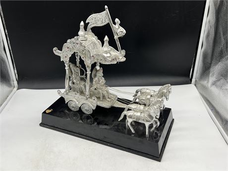 METAL CHARIOT SCULPTURE ON STAND (16” tall, 18” wide)