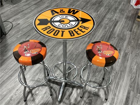 A&W DINER TABLE & 2 STOOLS (TABLE 41” TALL - STOOLS 29” TALL)