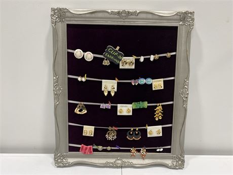 FRAME WITH 23 VINTAGE CLIP ON EARRINGS