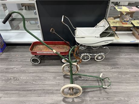 VINTAGE SEARS PULL CART + BABY CARRIAGE & GOLF PULL CART