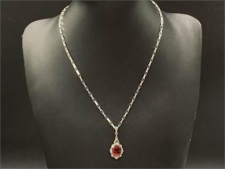 SIGNED 925 STERLING NECKLACE W/RED STONE MARCASITE