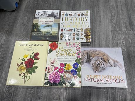 LOT OF 5 LARGE HARD COVER BOOKS ON FLOWERS, HISTORY, ETC