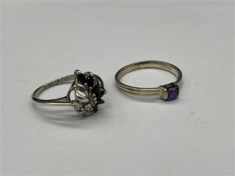 2 STERLING SILVER RINGS WITH AMETHYST AND SAPPHIRE - SIZE 9 & 9.5