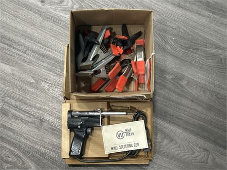 BOX OF MISC. CLAMPS & WALL BRAND SOLDERING GUN