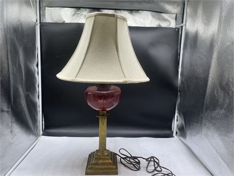 ANTIQUE PINK GLASS AND BRASS TABLE LAMP 24”