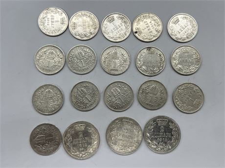 19 ANTIQUE SERBIAN SILVER COINS DATING BACK TO 1899