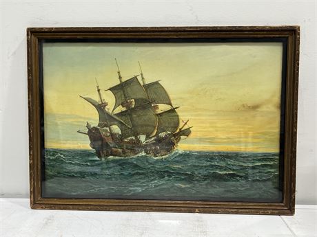 ANTIQUE FRAMED SHIP PICTURE (28”x19”)