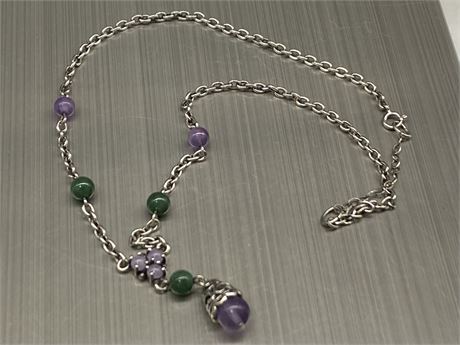 VINTAGE STERLING SILVER W/AMETHYST & GREEN JADE BEADS NECKLACE (17.5”)