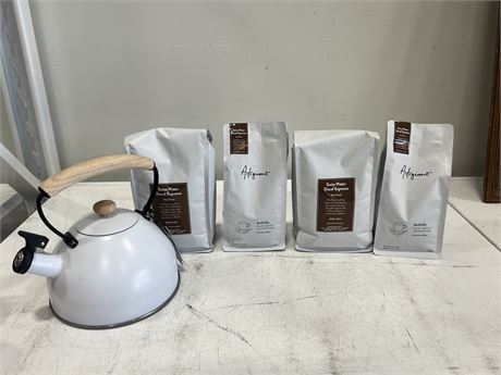 4 NEW BAGS OF COFFEE & NEW TEAPOT