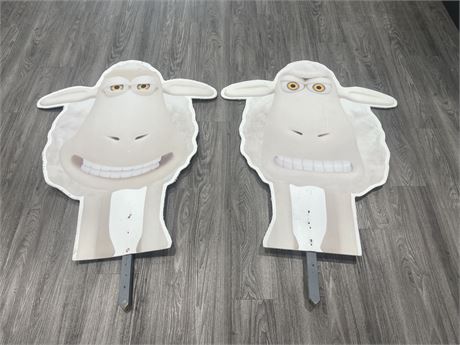 2 CARTOON SHEEP CUT OUTS ON PICKETTS - 3’ WIDE 4’ TALL