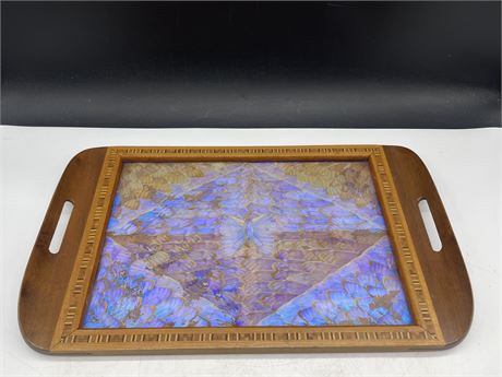 VINTAGE TEAK INLAY TRAY W/ BUTTERFLY WINGS MADE BY CARLOS ZIPPERER - 18.5”x12”